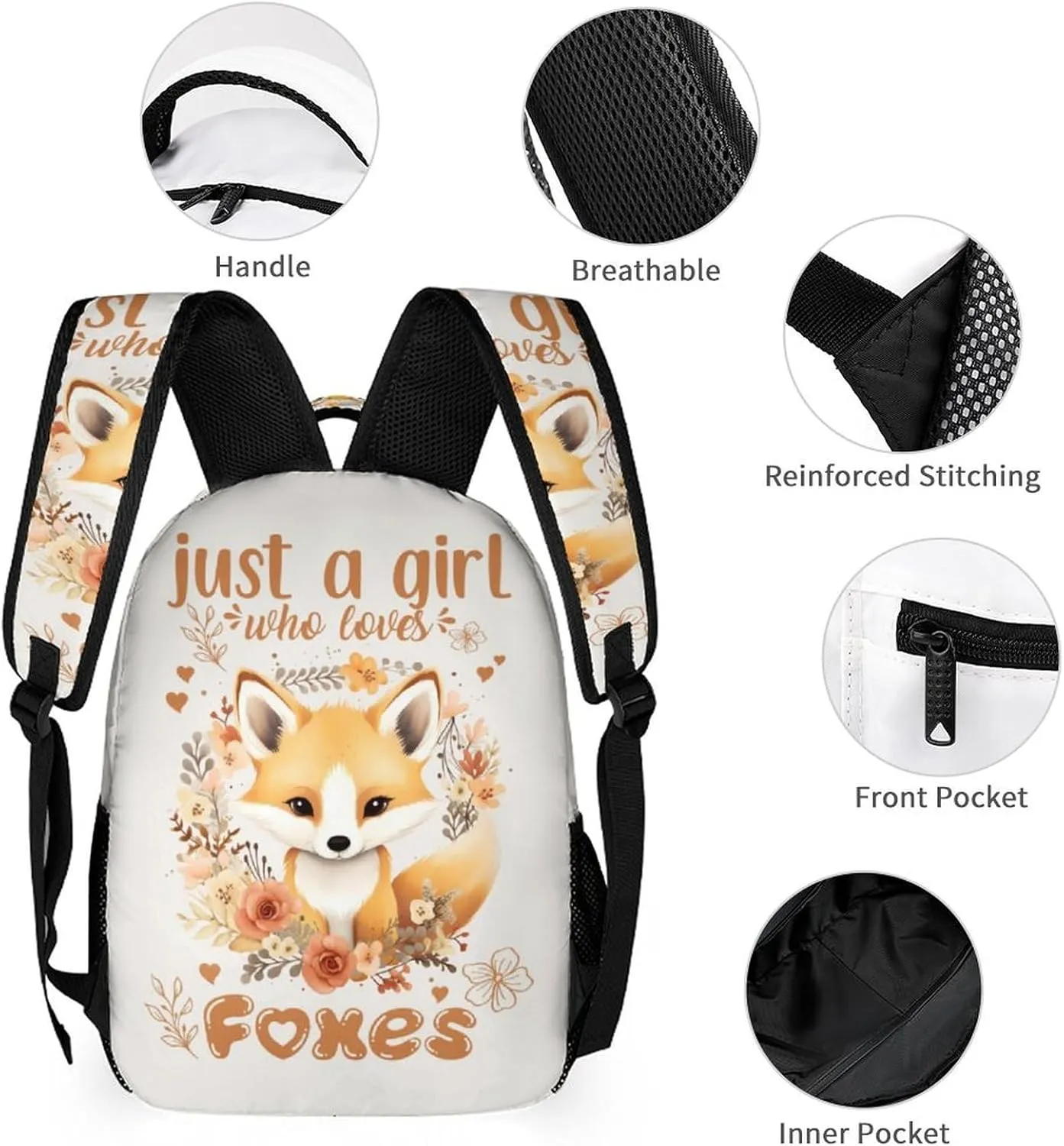 Custom Fox Backpack for Kids Girls Boys School, 16 Inches Cute Foxes Theme Bookbag, Adjustable, Lightweight, Large Capacity, Colorful Daily Casual Animal Backpacks