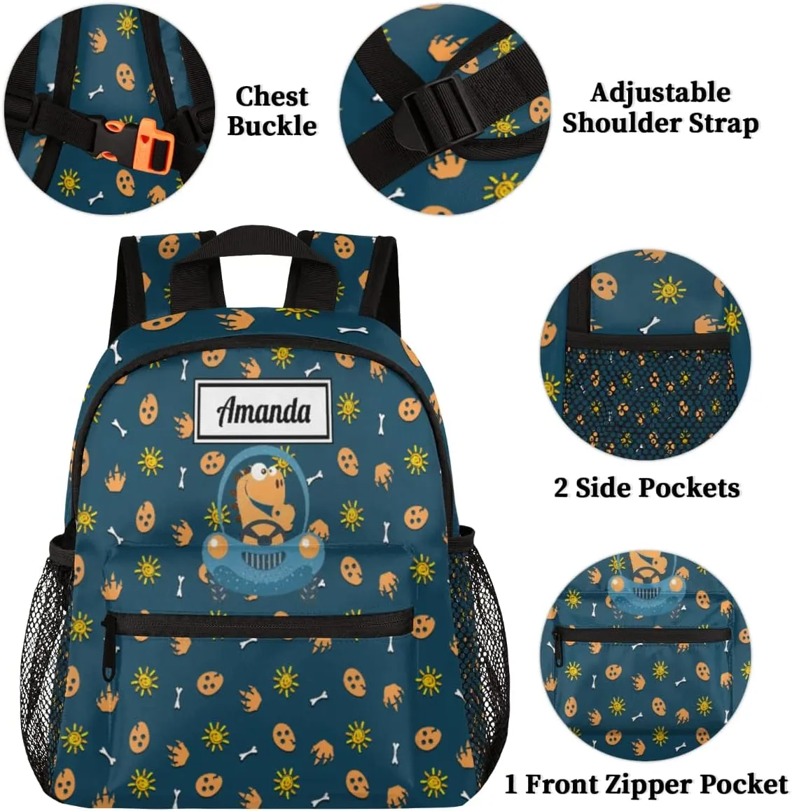 Custom Kids Name Toddler Backpack Dinosaur Car Personalized School Bookbag for Girls Boys - Dino Eggs Sun-1