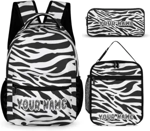 Custom Zebra Backpack with Lunch Box & Pencil Case, 16 Inch Cute Zebras Themed Bookbag, Adjustable Lightweight Large Capacity, Colorful Daily Casual Backpacks Set with Lunch Bag