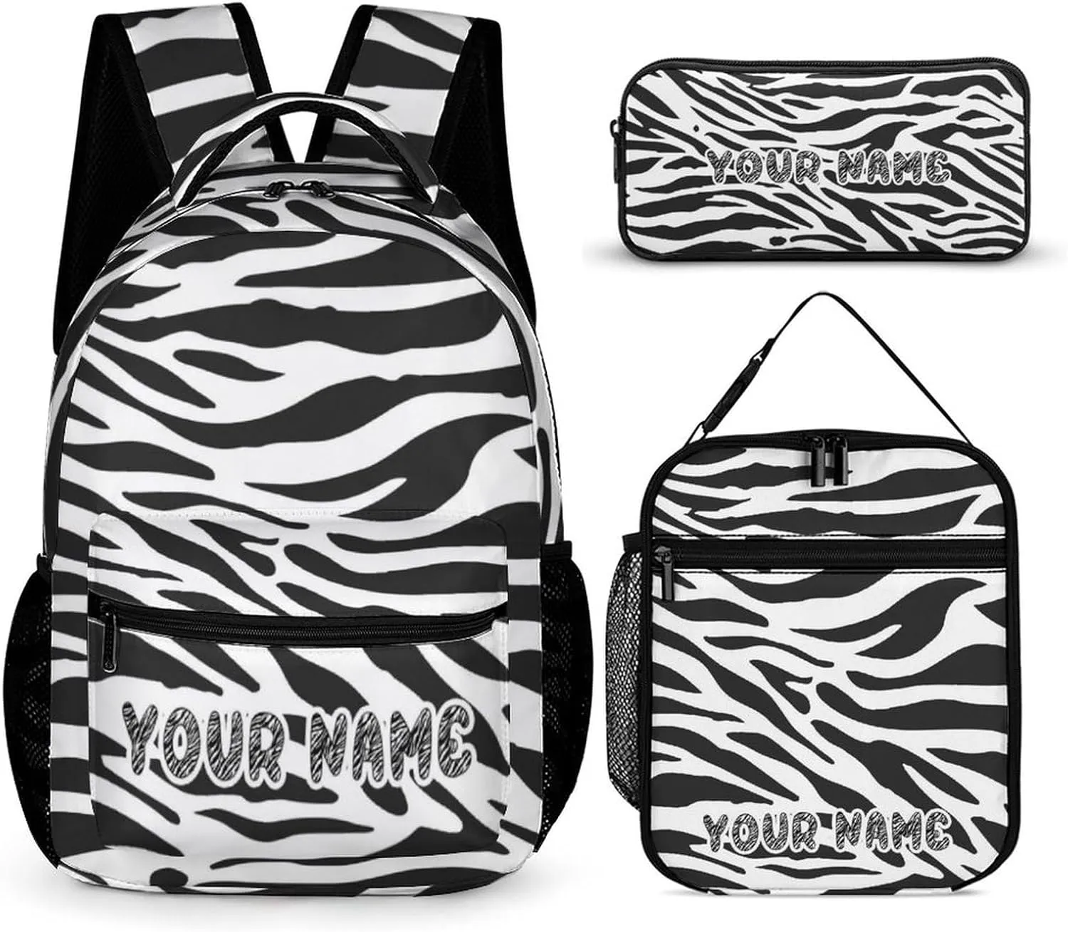 Custom Zebra Backpack with Lunch Box & Pencil Case, 16 Inch Cute Zebras Themed Bookbag, Adjustable Lightweight Large Capacity, Colorful Daily Casual Backpacks Set with Lunch Bag