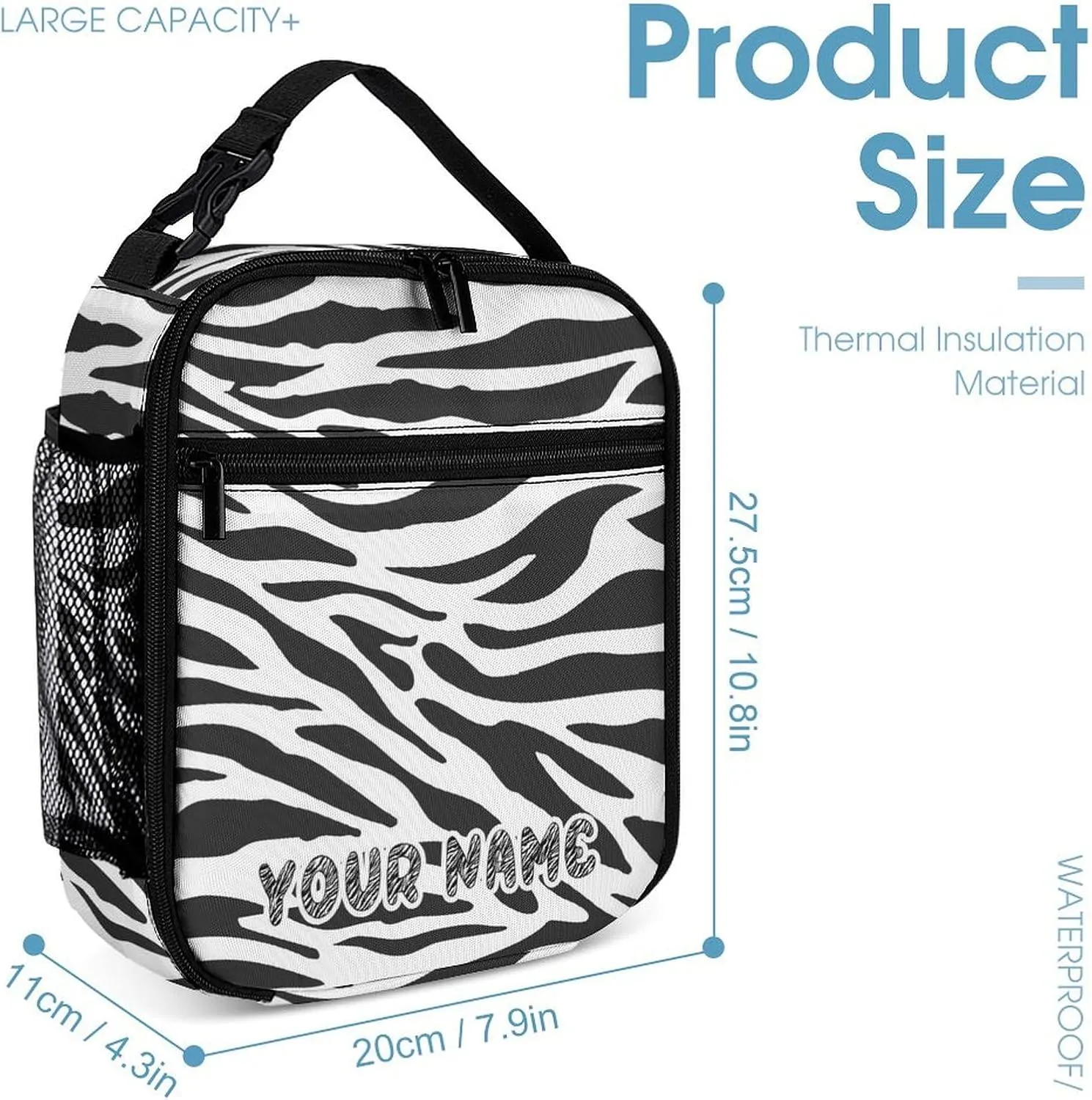 Custom Zebra Backpack with Lunch Box & Pencil Case, 16 Inch Cute Zebras Themed Bookbag, Adjustable Lightweight Large Capacity, Colorful Daily Casual Backpacks Set with Lunch Bag