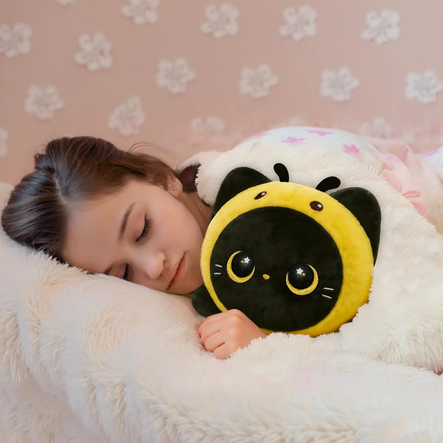 Cute Black Cat Bee Plush Pillow, Kawaii Plushies Bee Stuffed Animal Toy, Kitten Plushies with Honeybee Outfit Costume, Soft Squishy Birthday Gifts for Kids & Girls (16 Inch)
