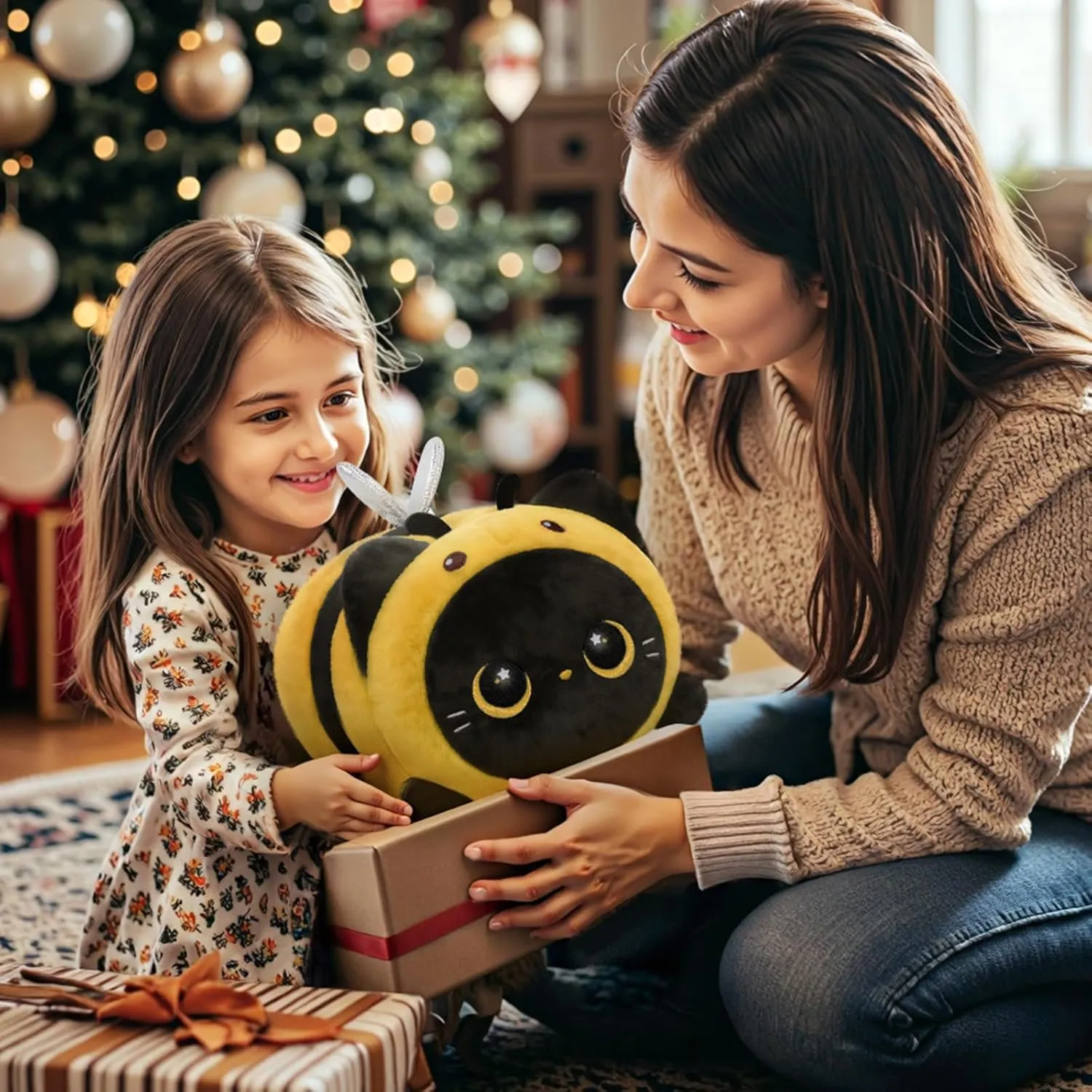 Cute Black Cat Bee Plush Pillow, Kawaii Plushies Bee Stuffed Animal Toy, Kitten Plushies with Honeybee Outfit Costume, Soft Squishy Birthday Gifts for Kids & Girls (16 Inch)
