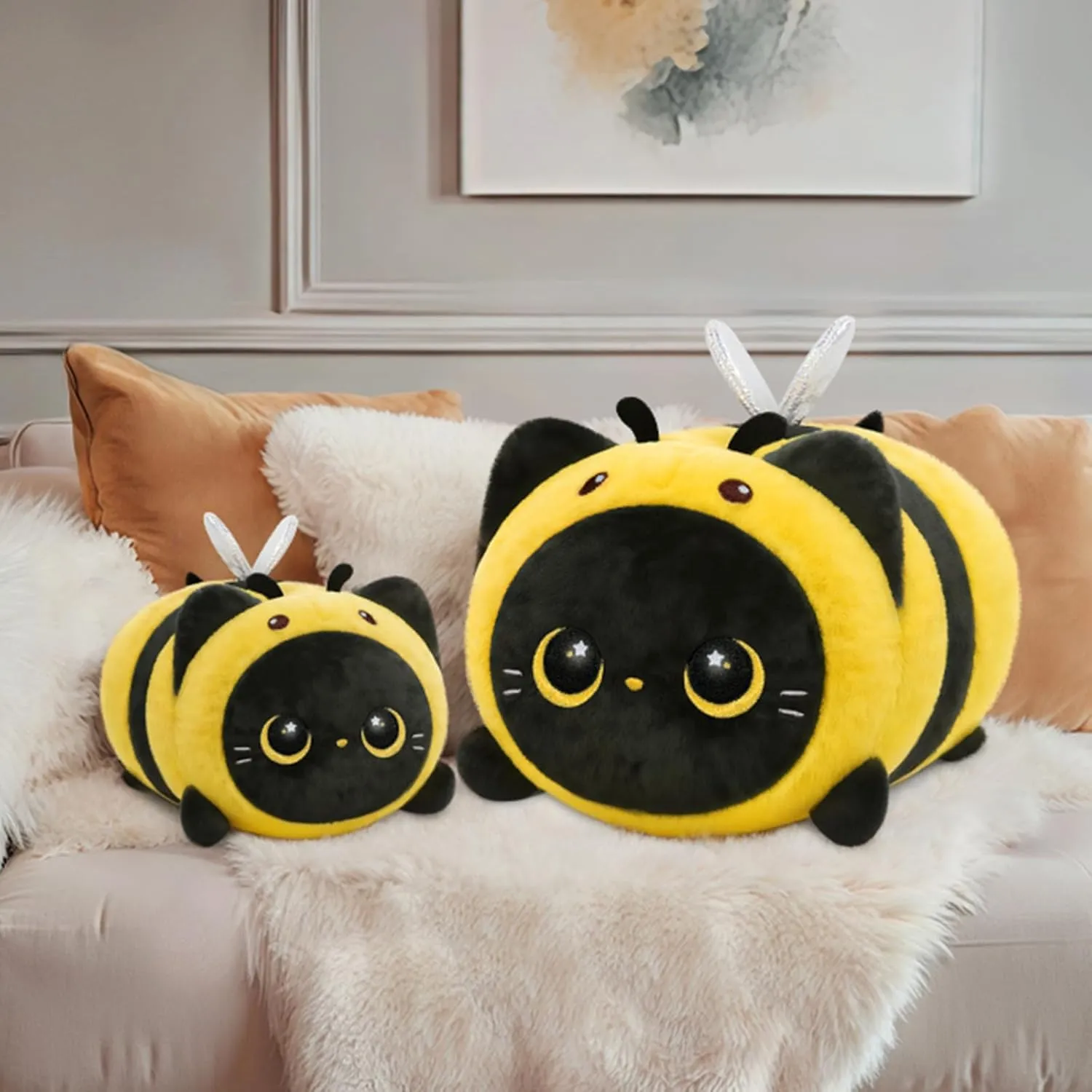 Cute Black Cat Bee Plush Pillow, Kawaii Plushies Bee Stuffed Animal Toy, Kitten Plushies with Honeybee Outfit Costume, Soft Squishy Birthday Gifts for Kids & Girls (16 Inch)