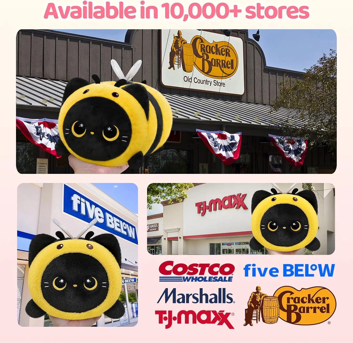 Cute Black Cat Bee Plush Pillow, Kawaii Plushies Bee Stuffed Animal Toy, Kitten Plushies with Honeybee Outfit Costume, Soft Squishy Birthday Gifts for Kids & Girls (16 Inch)