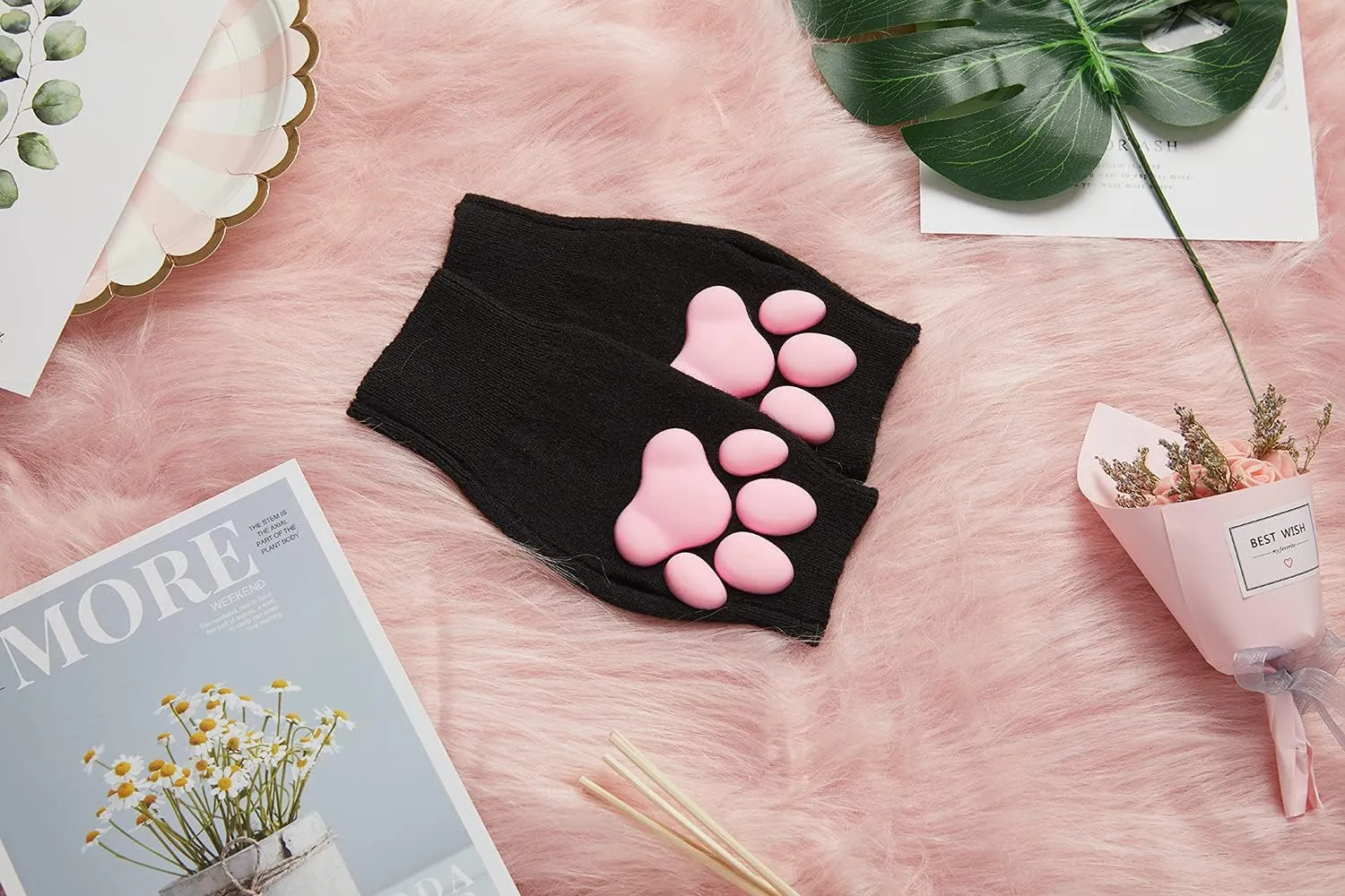 Cute Cat Paw Mittens Gloves, Kawaii Cat Cosplay Kawaii Soft 3D Toes Beans Fingerless Cat Claw Paws Pad Sleeve