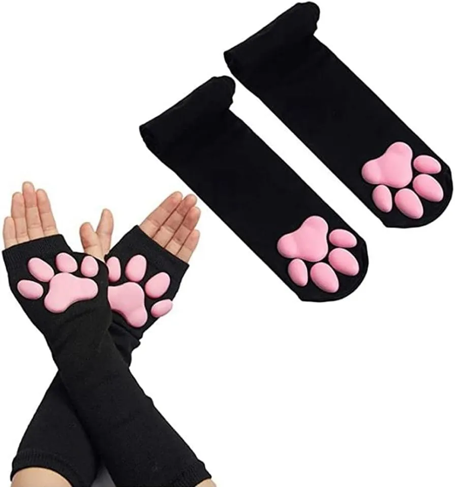 Cute Cat Paw Mittens Gloves, Kawaii Cat Cosplay Kawaii Soft 3D Toes Beans Fingerless Cat Claw Paws Pad Sleeve