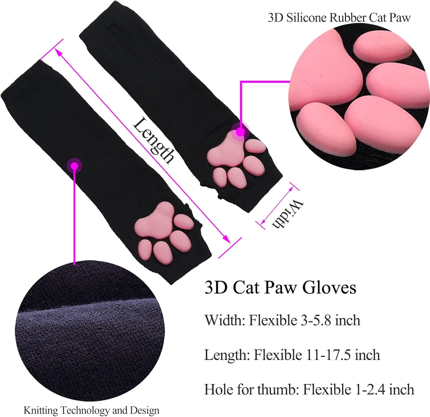 Cute Cat Paw Mittens Gloves, Kawaii Cat Cosplay Kawaii Soft 3D Toes Beans Fingerless Cat Claw Paws Pad Sleeve