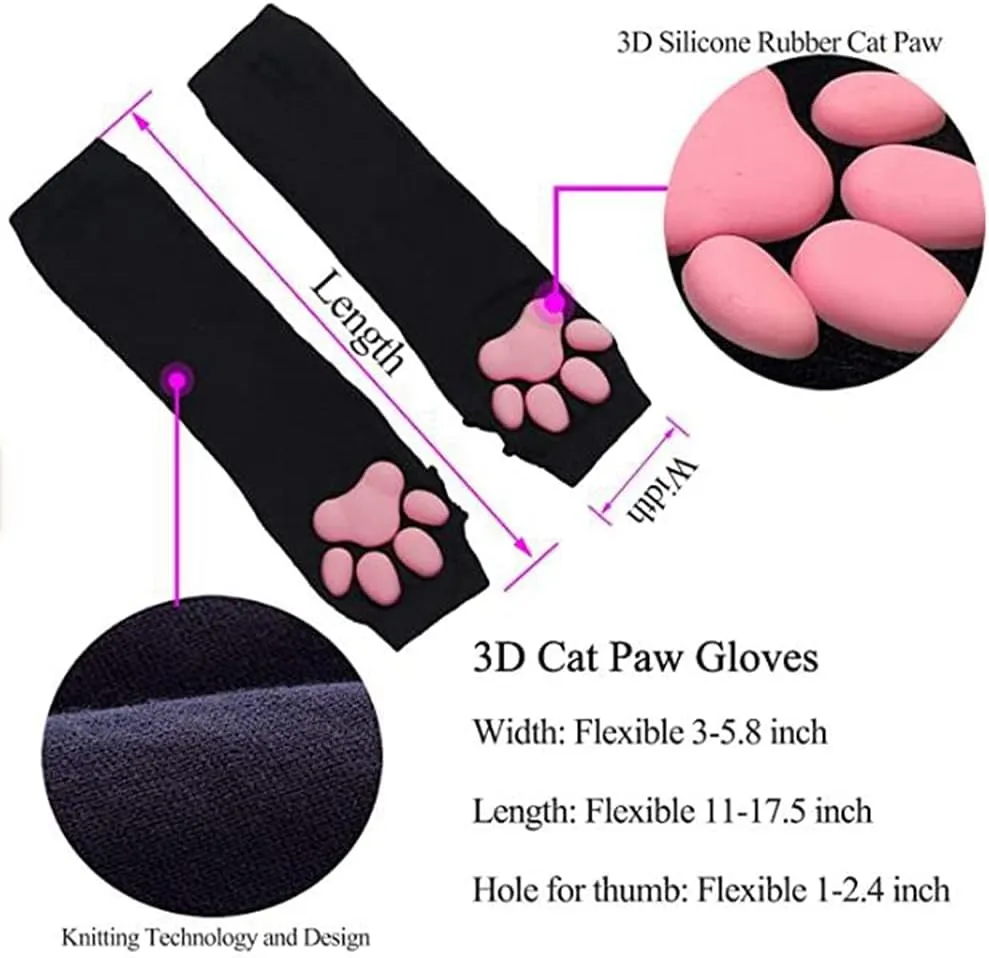 Cute Cat Paw Mittens Gloves, Kawaii Cat Cosplay Kawaii Soft 3D Toes Beans Fingerless Cat Claw Paws Pad Sleeve