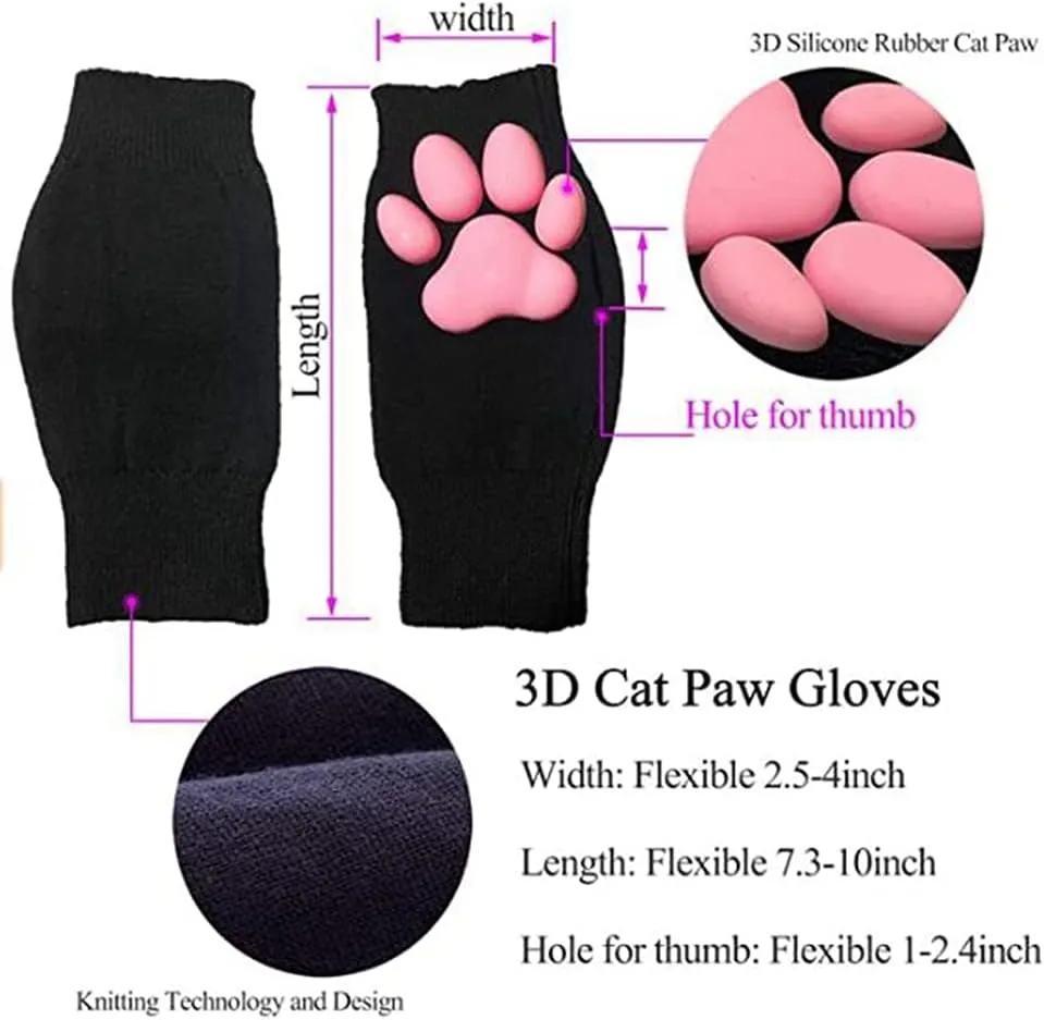 Cute Cat Paw Mittens Gloves, Kawaii Cat Cosplay Kawaii Soft 3D Toes Beans Fingerless Cat Claw Paws Pad Sleeve
