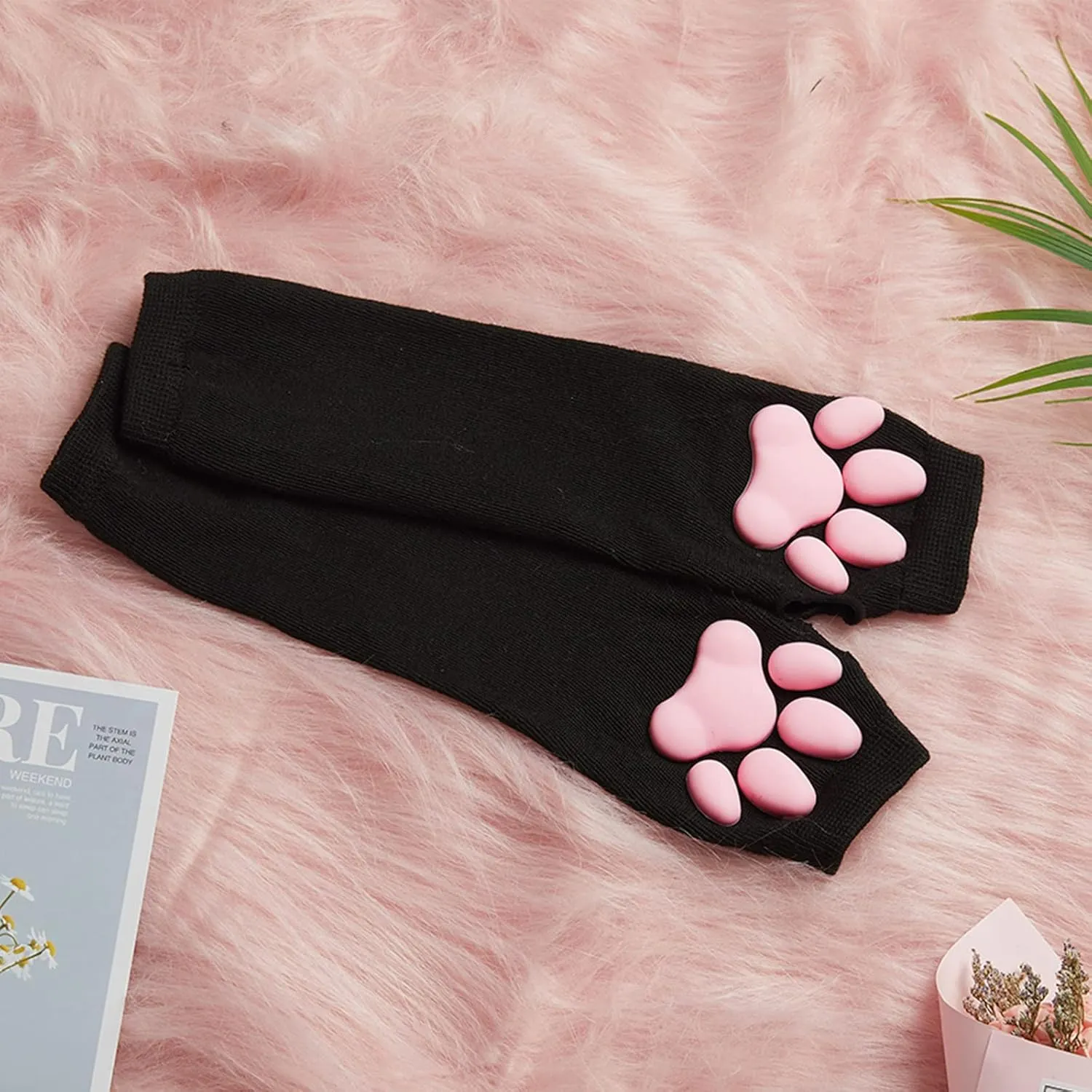 Cute Cat Paw Mittens Gloves, Kawaii Cat Cosplay Kawaii Soft 3D Toes Beans Fingerless Cat Claw Paws Pad Sleeve