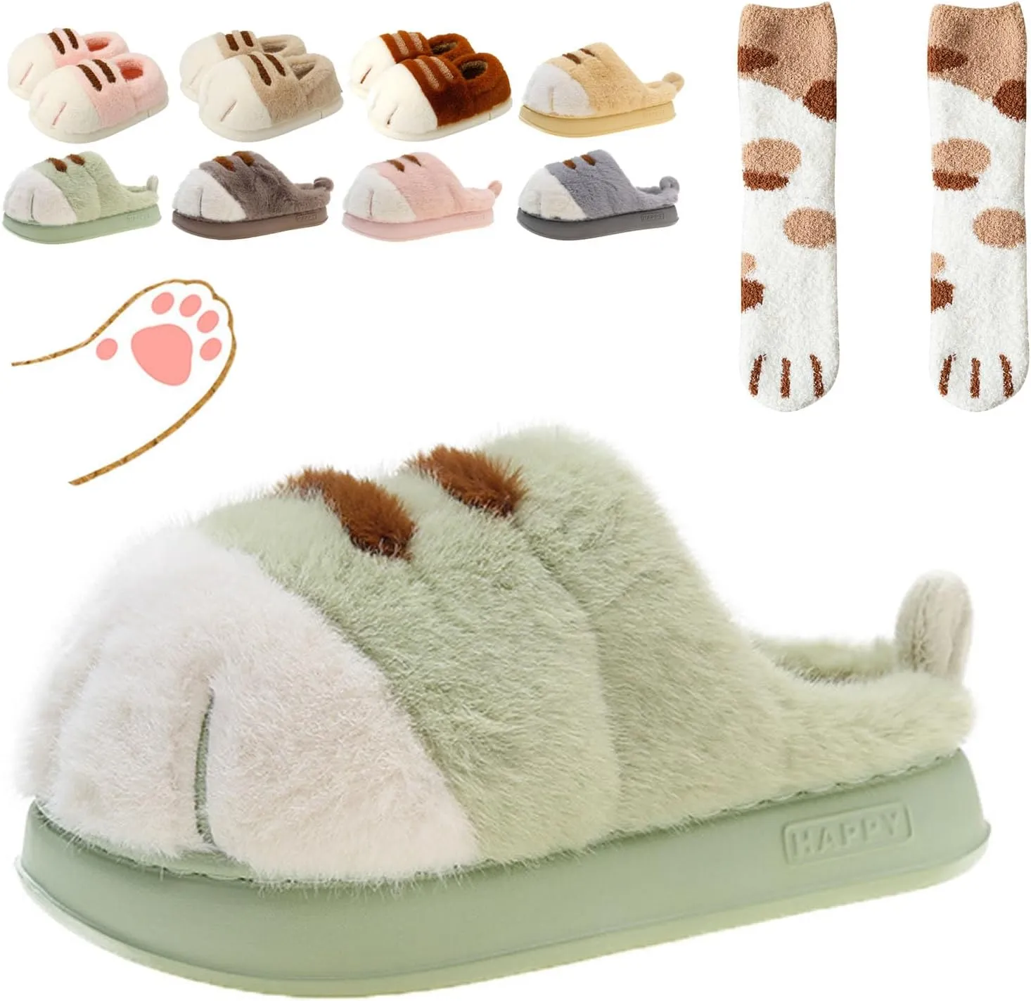Cute Cat Paw Slippers for Women, 3D Fluffy Cat Paw Slipper, Cozy Furry Warm Winter Kitty Paw Shoes for House Indoor Outdoor