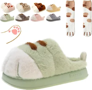 Cute Cat Paw Slippers for Women, 3D Fluffy Cat Paw Slipper, Cozy Furry Warm Winter Kitty Paw Shoes for House Indoor Outdoor