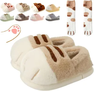 Cute Cat Paw Slippers for Women, 3D Fluffy Cat Paw Slipper, Cozy Furry Warm Winter Kitty Paw Shoes for House Indoor Outdoor