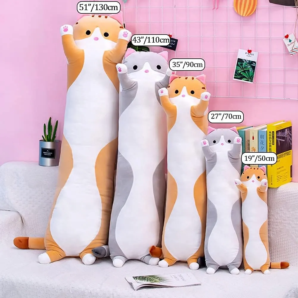 Cute Cat Plush Long Body Pillow Cuddle Cartoon Stuffed Animals Cat Plushie Soft Doll Pillows Gifts for Kids Girls(Gray, 35 Inches), 1 Count (Pack of 1)