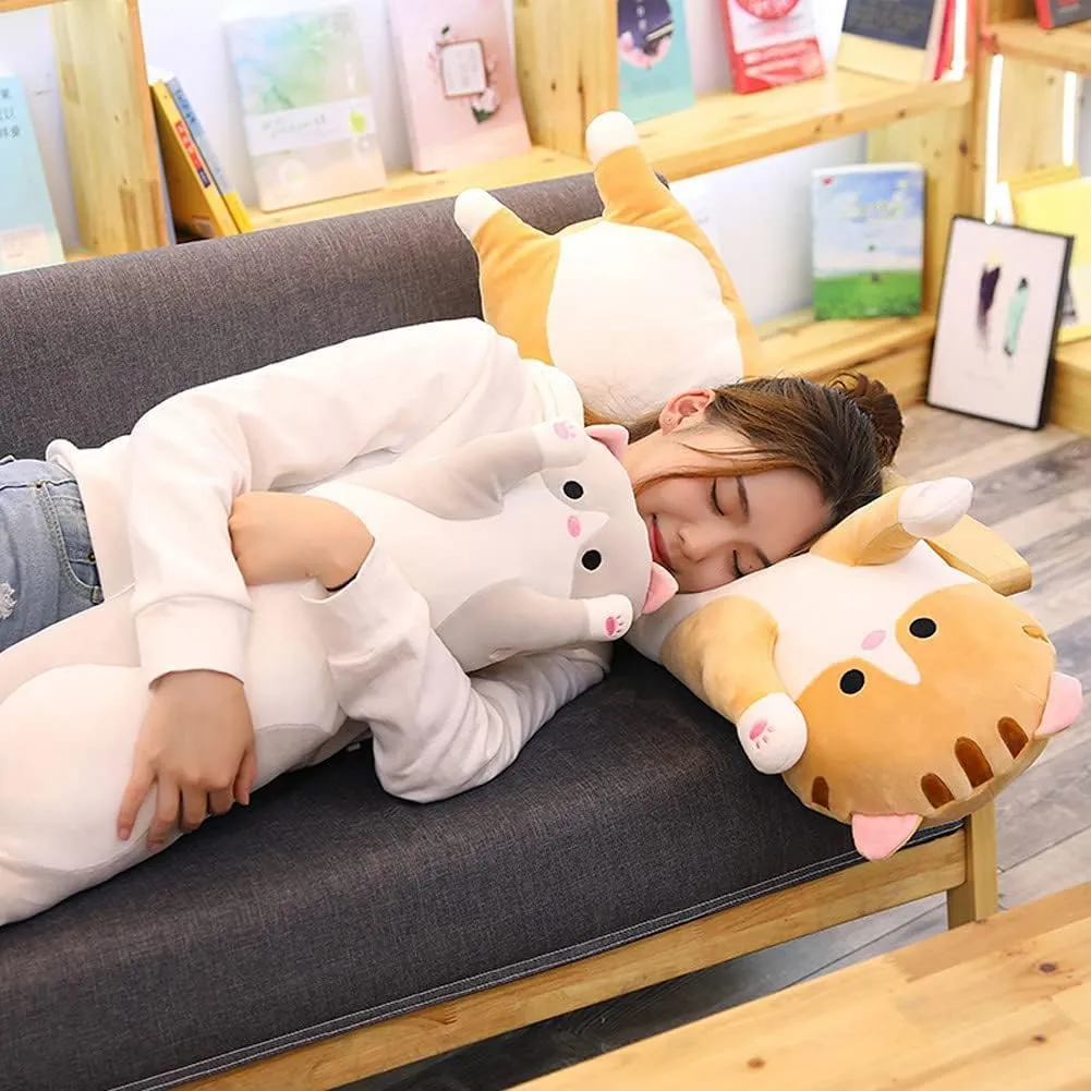 Cute Cat Plush Long Body Pillow Cuddle Cartoon Stuffed Animals Cat Plushie Soft Doll Pillows Gifts for Kids Girls(Gray, 35 Inches), 1 Count (Pack of 1)
