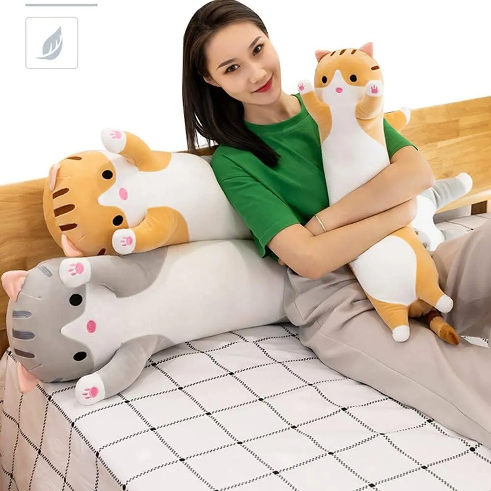 Cute Cat Plush Long Body Pillow Cuddle Cartoon Stuffed Animals Cat Plushie Soft Doll Pillows Gifts for Kids Girls(Gray, 35 Inches), 1 Count (Pack of 1)