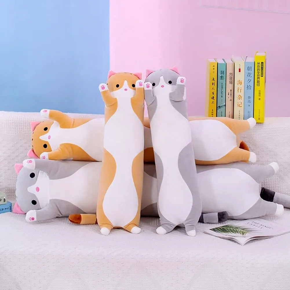 Cute Cat Plush Long Body Pillow Cuddle Cartoon Stuffed Animals Cat Plushie Soft Doll Pillows Gifts for Kids Girls(Gray, 35 Inches), 1 Count (Pack of 1)