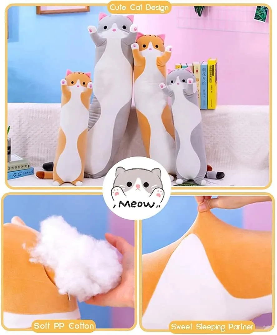 Cute Cat Plush Long Body Pillow Cuddle Cartoon Stuffed Animals Cat Plushie Soft Doll Pillows Gifts for Kids Girls(Gray, 35 Inches), 1 Count (Pack of 1)