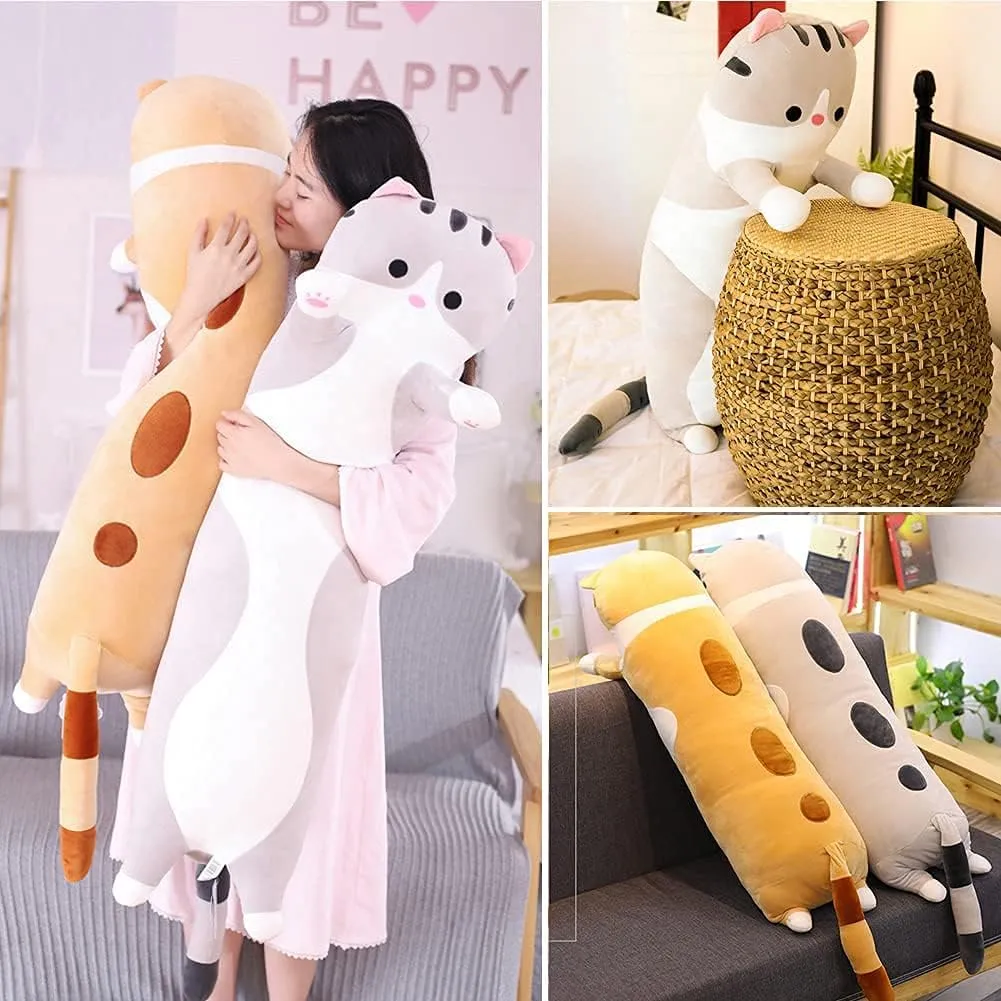 Cute Cat Plush Long Body Pillow Cuddle Cartoon Stuffed Animals Cat Plushie Soft Doll Pillows Gifts for Kids Girls(Gray, 35 Inches), 1 Count (Pack of 1)