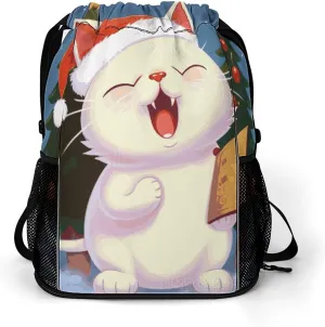 Cute Cat Sing Christmas Carols Drawstring Backpack Bags Gym Backpack with Shoe Compartment for Women Men Cinch Sack Sports Backpack with Mesh Pockets