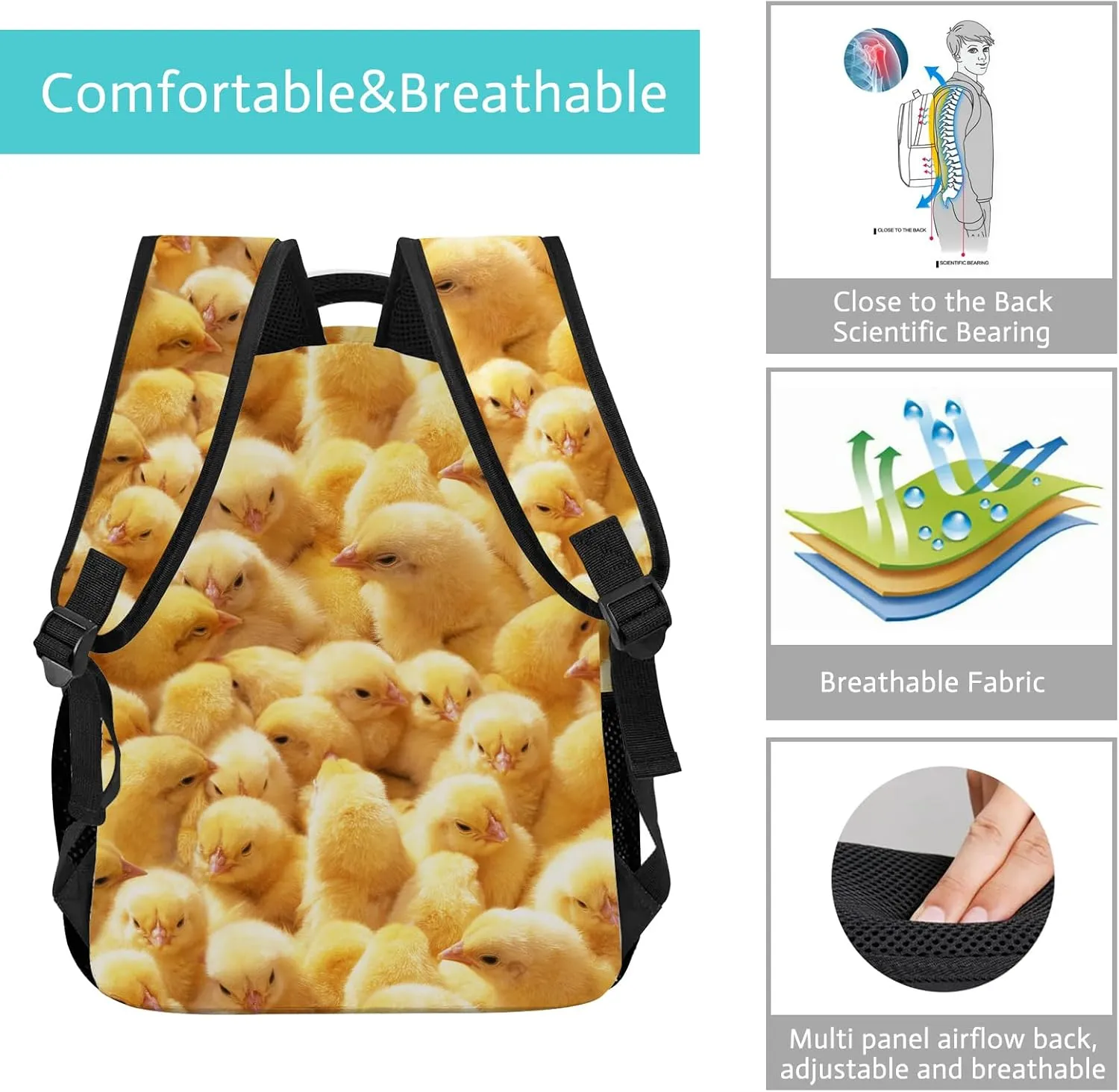 Cute Chicken Backpack for Kids, Kawaii Yellow Chicks School Backpack for Girls, Water Resistant Lightweight Travel Backpack, Elementary Middle High School Backpack, 16 Inch