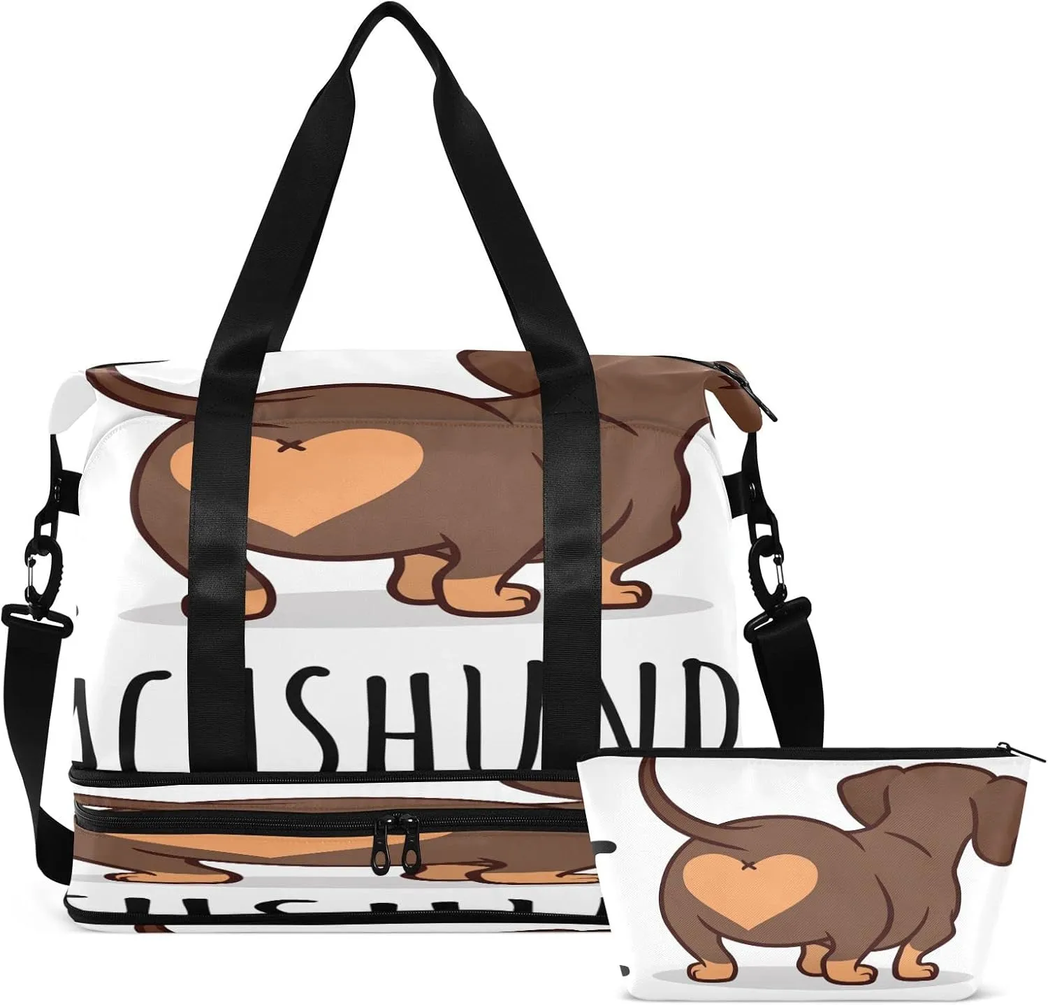 Cute Dachshund Dog Travel Duffel Bag, Waterproof Sports Tote Gym Bag with Shoes Compartment, Shoulder Weekender Overnight Bag for Women Men