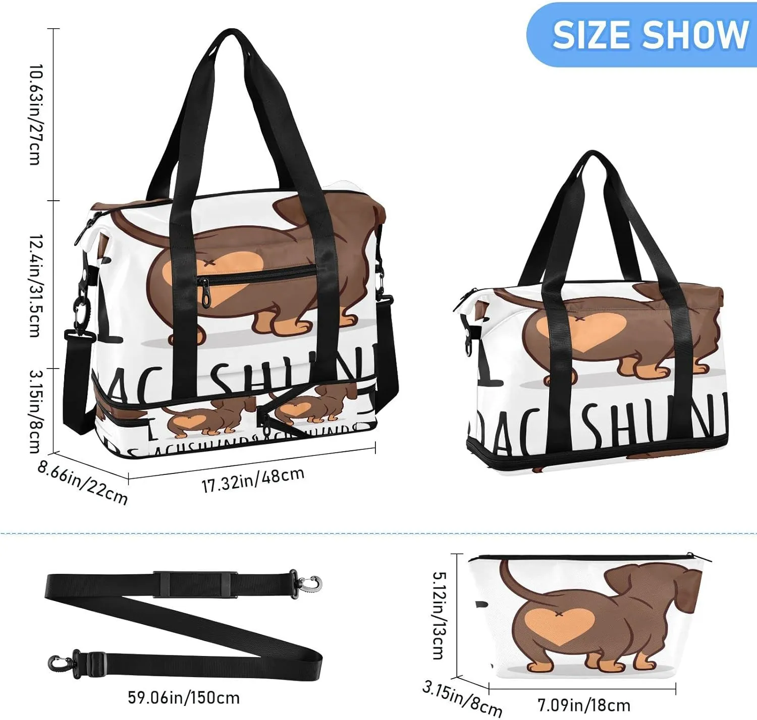 Cute Dachshund Dog Travel Duffel Bag, Waterproof Sports Tote Gym Bag with Shoes Compartment, Shoulder Weekender Overnight Bag for Women Men