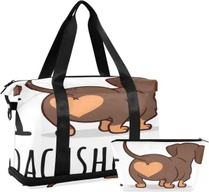 Cute Dachshund Dog Travel Duffel Bag, Waterproof Sports Tote Gym Bag with Shoes Compartment, Shoulder Weekender Overnight Bag for Women Men