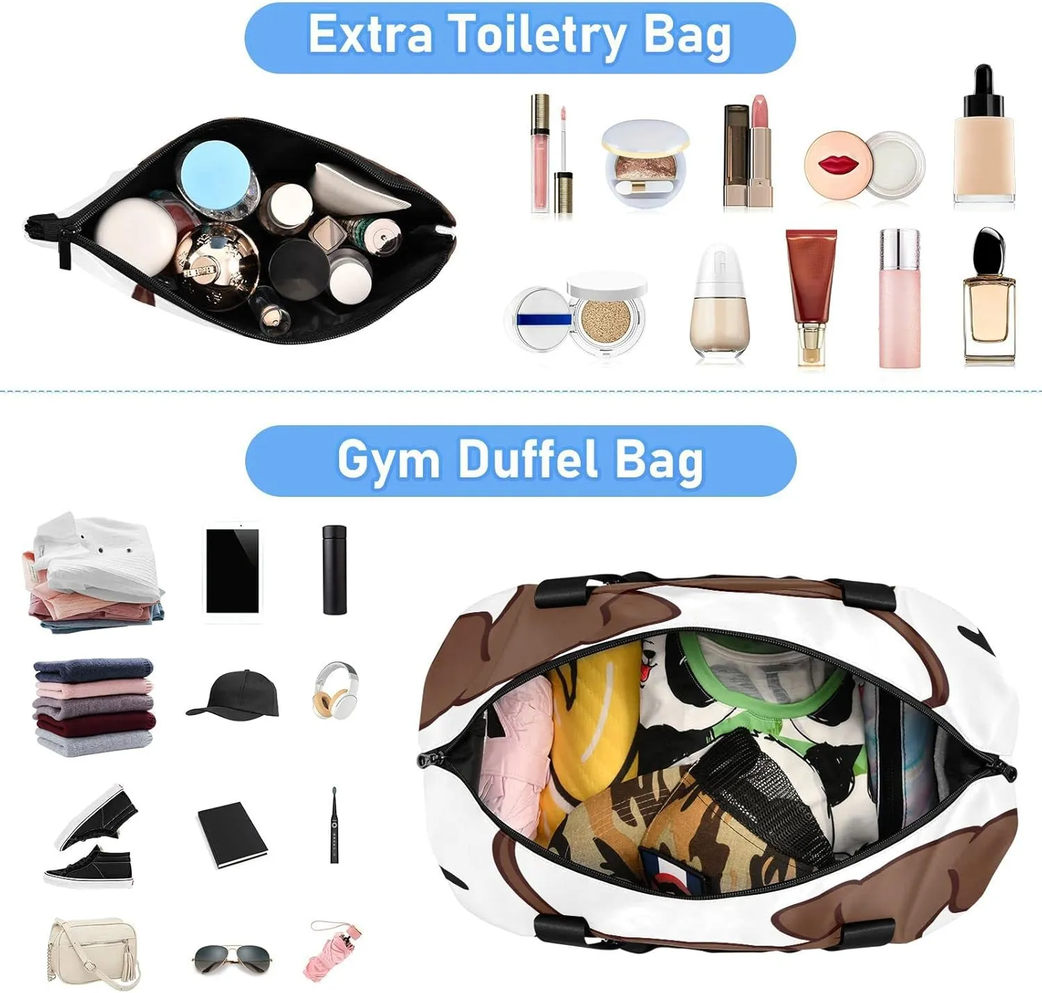 Cute Dachshund Dog Travel Duffel Bag, Waterproof Sports Tote Gym Bag with Shoes Compartment, Shoulder Weekender Overnight Bag for Women Men
