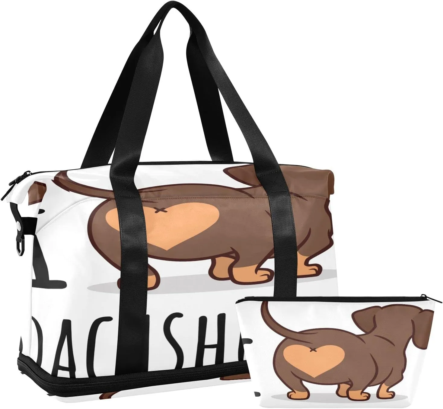 Cute Dachshund Dog Travel Duffel Bag, Waterproof Sports Tote Gym Bag with Shoes Compartment, Shoulder Weekender Overnight Bag for Women Men