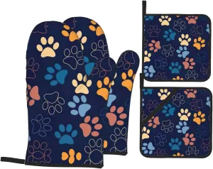 Cute Dog Paw Print Convenient Oven Mitts Pot Holders Set Duty Heat Resistant Gloves with Quilted Liner