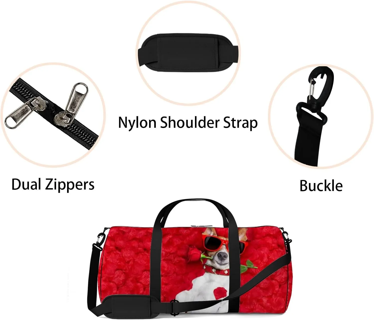Cute Dog with Red Rose Valentines Day Style Sports Duffel Bag Travel Gym Tote Bags Lightweight Durable Shoulder Strap Waterproof Polyester Outside Mesh Pocket Overnight Trip Duffel Bag for Women Men