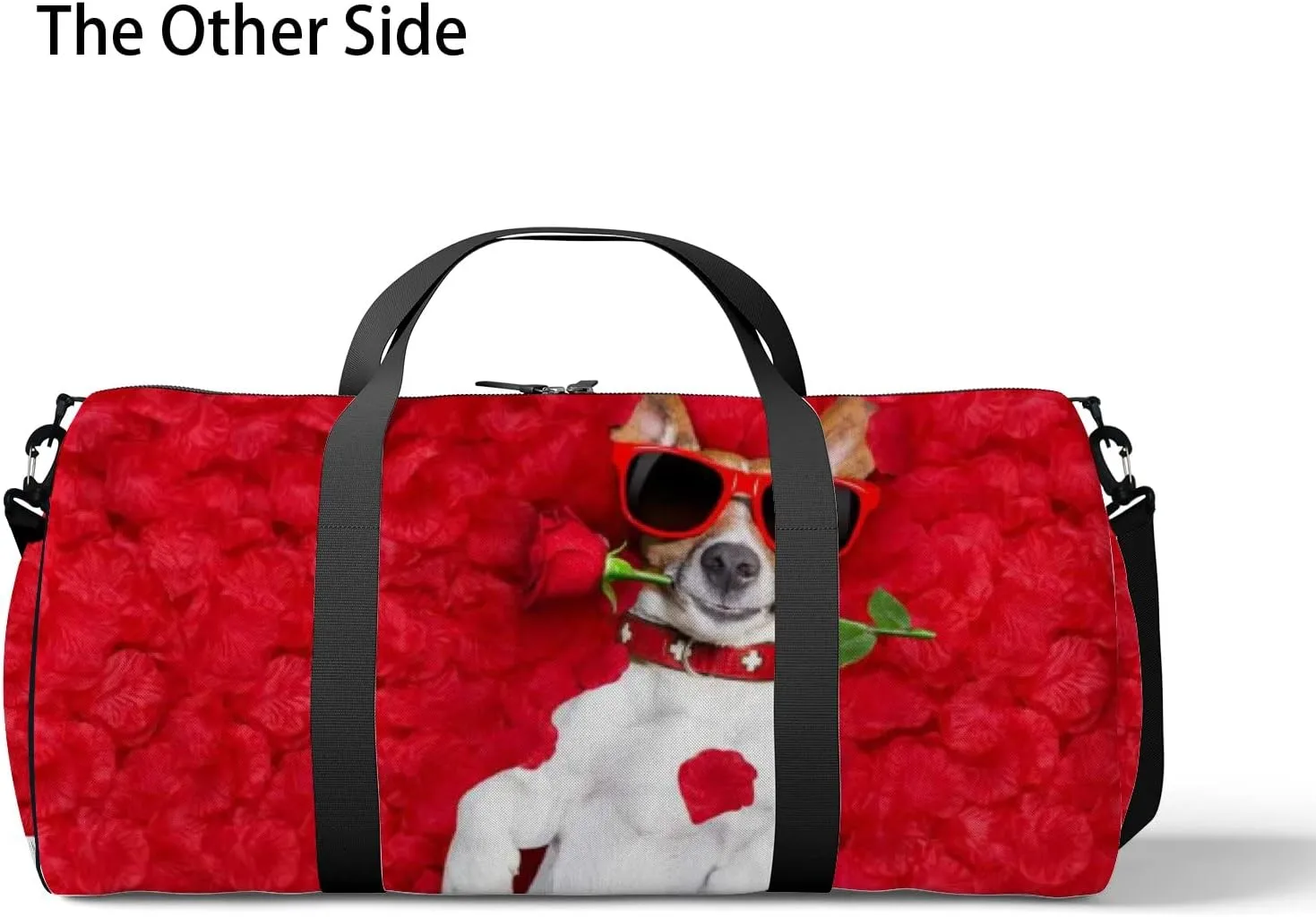 Cute Dog with Red Rose Valentines Day Style Sports Duffel Bag Travel Gym Tote Bags Lightweight Durable Shoulder Strap Waterproof Polyester Outside Mesh Pocket Overnight Trip Duffel Bag for Women Men