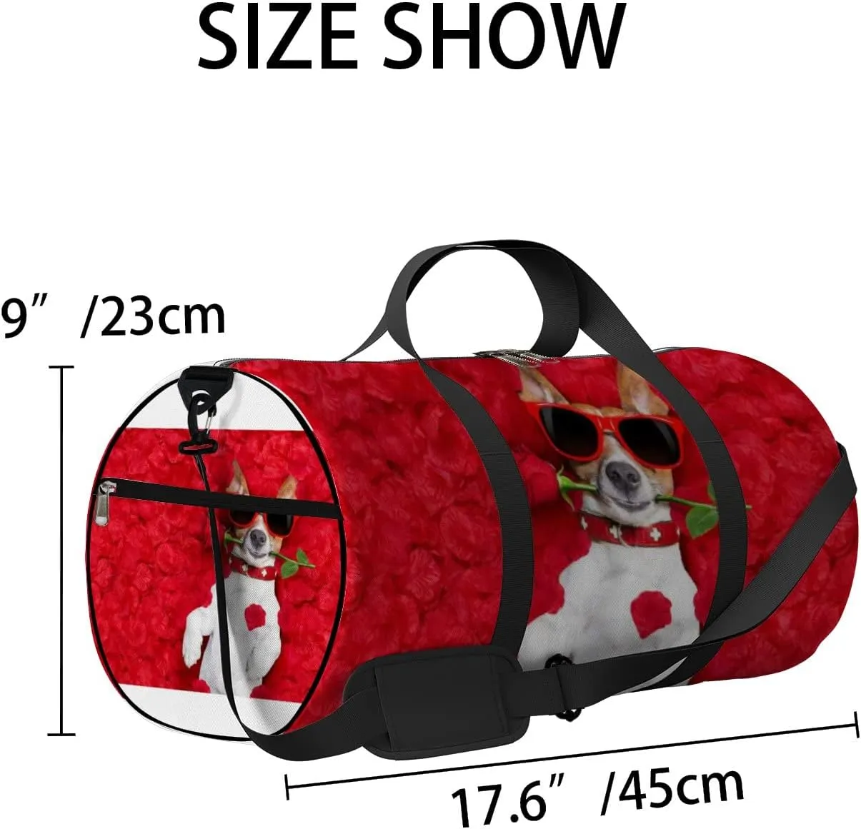 Cute Dog with Red Rose Valentines Day Style Sports Duffel Bag Travel Gym Tote Bags Lightweight Durable Shoulder Strap Waterproof Polyester Outside Mesh Pocket Overnight Trip Duffel Bag for Women Men