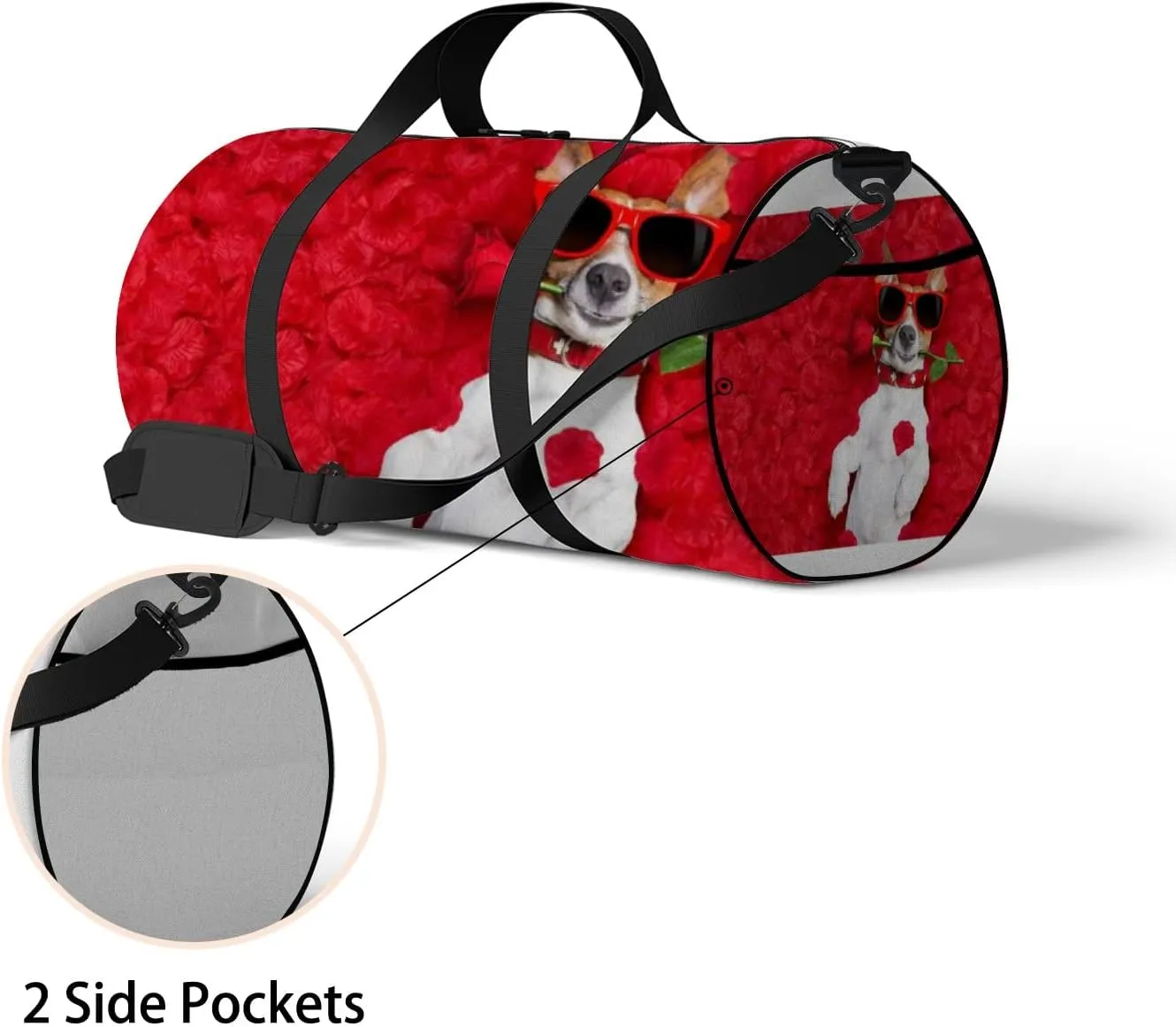 Cute Dog with Red Rose Valentines Day Style Sports Duffel Bag Travel Gym Tote Bags Lightweight Durable Shoulder Strap Waterproof Polyester Outside Mesh Pocket Overnight Trip Duffel Bag for Women Men