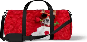 Cute Dog with Red Rose Valentines Day Style Sports Duffel Bag Travel Gym Tote Bags Lightweight Durable Shoulder Strap Waterproof Polyester Outside Mesh Pocket Overnight Trip Duffel Bag for Women Men