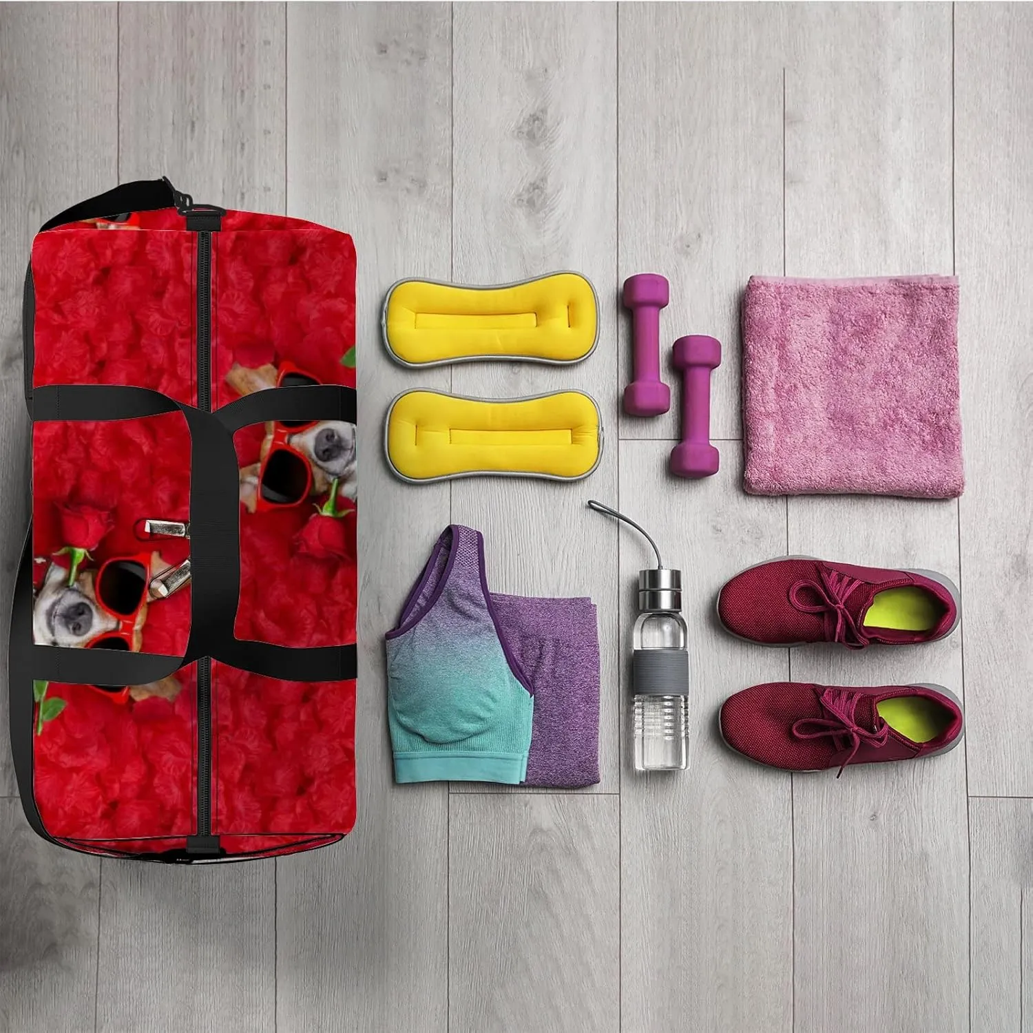 Cute Dog with Red Rose Valentines Day Style Sports Duffel Bag Travel Gym Tote Bags Lightweight Durable Shoulder Strap Waterproof Polyester Outside Mesh Pocket Overnight Trip Duffel Bag for Women Men
