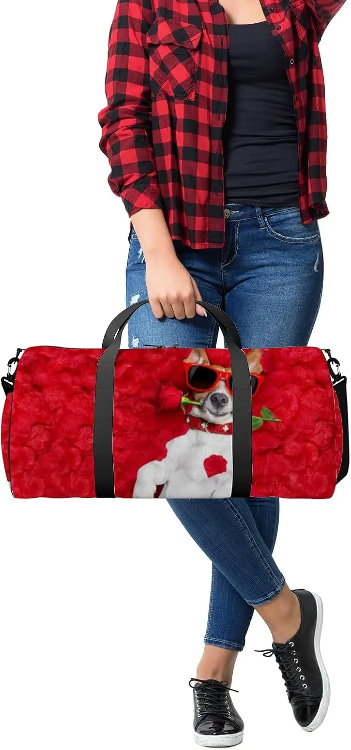 Cute Dog with Red Rose Valentines Day Style Sports Duffel Bag Travel Gym Tote Bags Lightweight Durable Shoulder Strap Waterproof Polyester Outside Mesh Pocket Overnight Trip Duffel Bag for Women Men