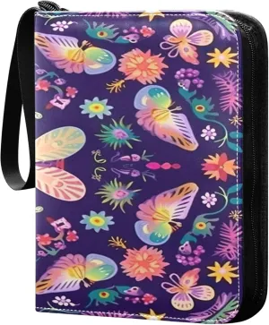 Cute Flower Pattern Card Binder 4 Pocket Collectible Trading Card Albums with 50 Sleeves Double Side PU Waterproof 3 Ring for Sports & Game Cards