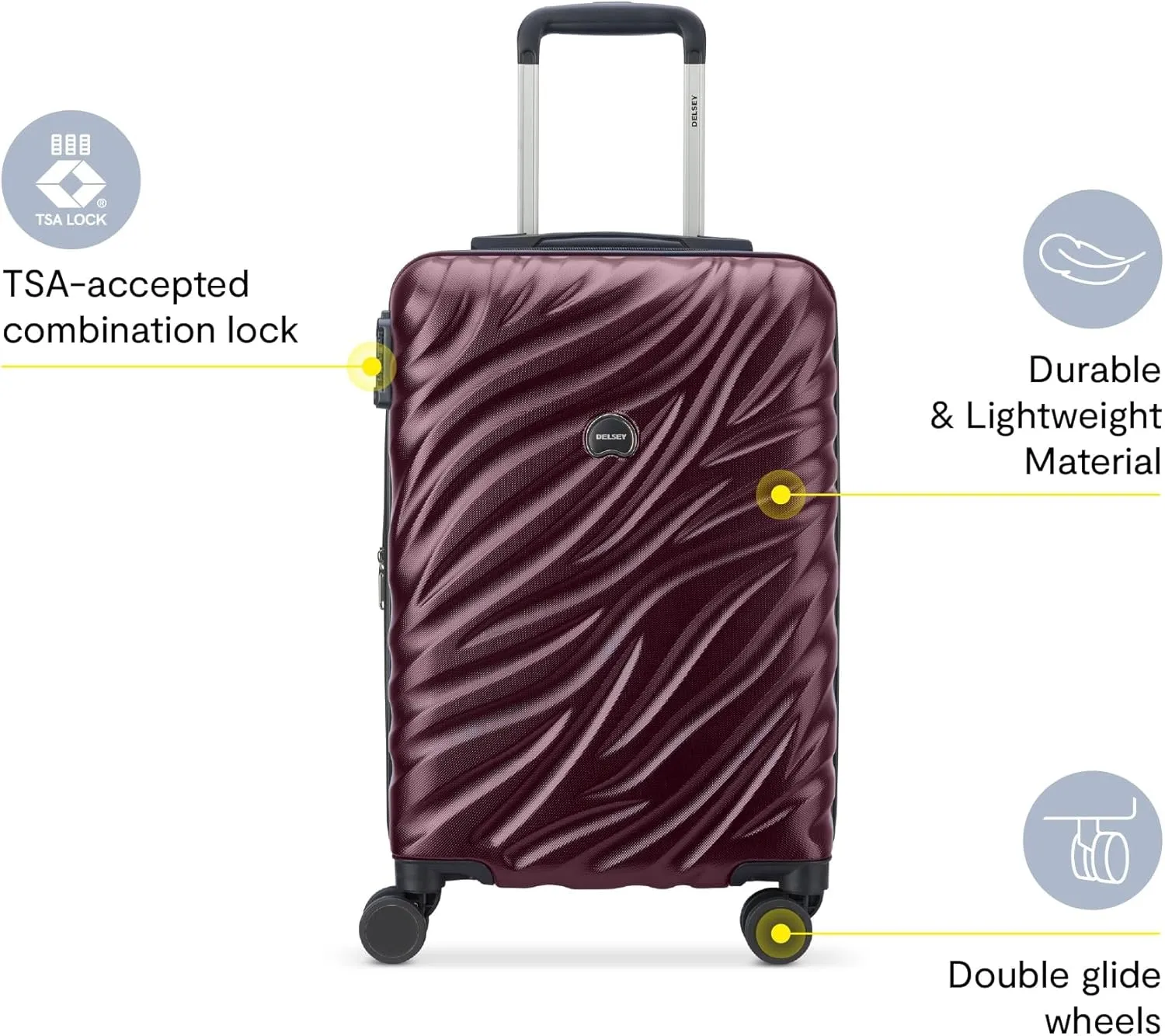 Delsey Paris Alexis Durable Hardside Luggage, Expandable Lightweight 4-Wheel Spinner, Easy Grip Telescoping Handle for Smooth Mobility, TSA-Lock Incorporated, Men and Women, Burgundy, Carry-On 21-Inch