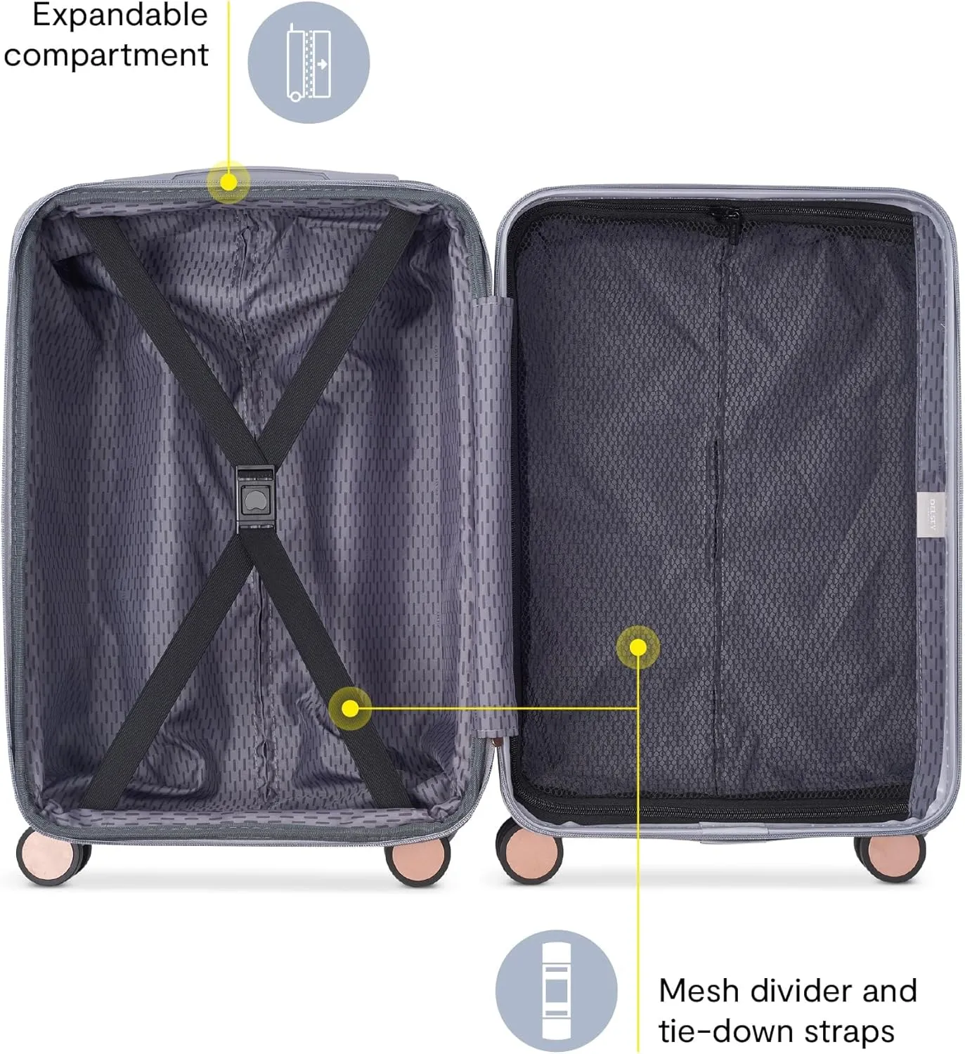 DELSEY PARIS Alexis Durable Luggage, Expandable Lightweight 4-Wheel Spinner, Easy Grip Handles for Smooth Mobility, TSA-Lock Incorporated, Men and Women, Platinum/Rose Gold, Carry-On 21-Inch