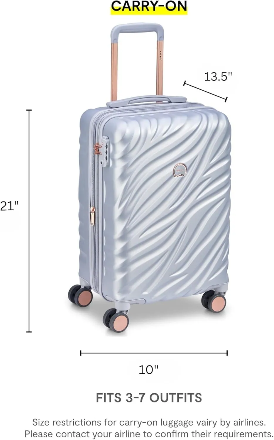 DELSEY PARIS Alexis Durable Luggage, Expandable Lightweight 4-Wheel Spinner, Easy Grip Handles for Smooth Mobility, TSA-Lock Incorporated, Men and Women, Platinum/Rose Gold, Carry-On 21-Inch