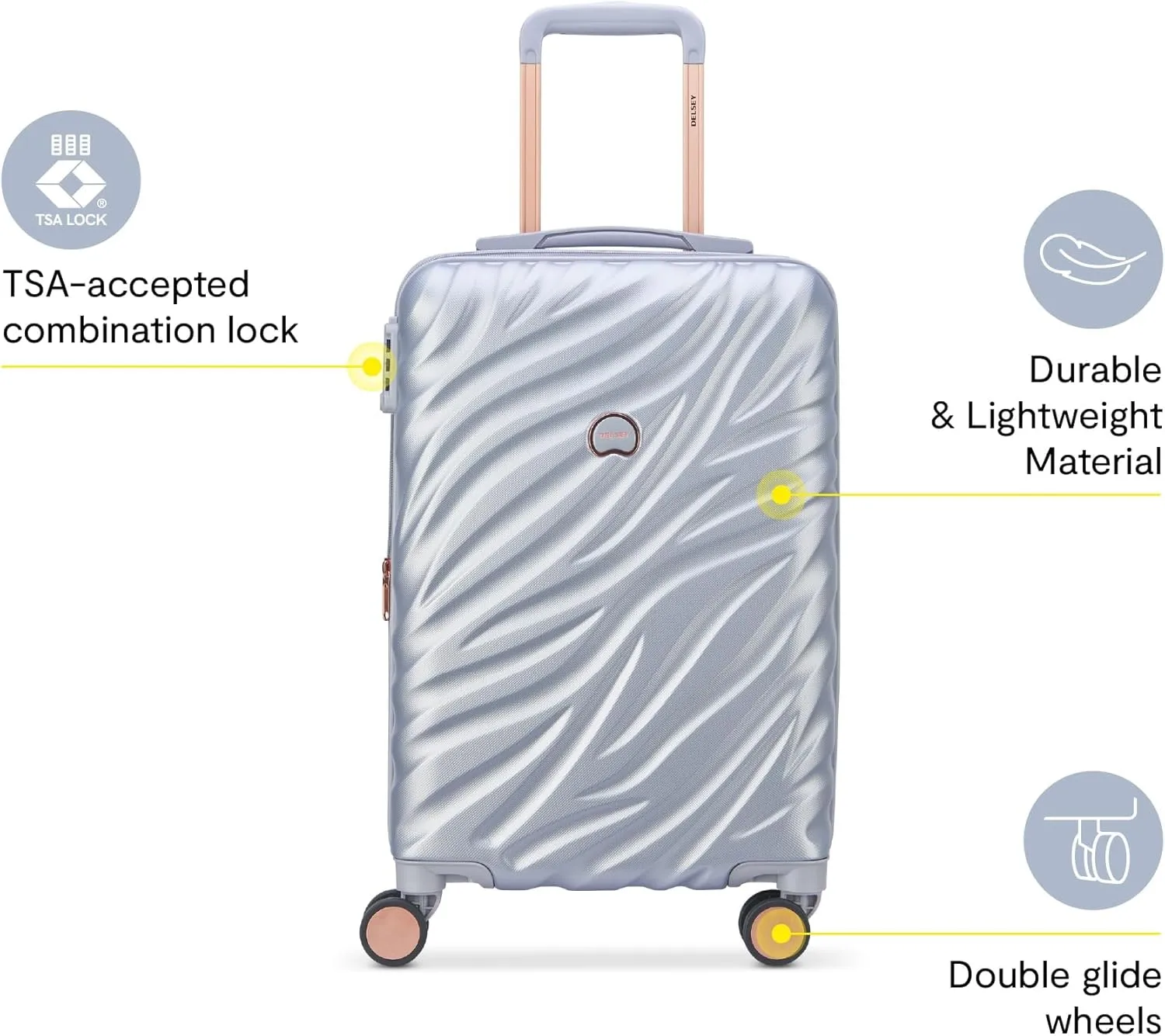 DELSEY PARIS Alexis Durable Luggage, Expandable Lightweight 4-Wheel Spinner, Easy Grip Handles for Smooth Mobility, TSA-Lock Incorporated, Men and Women, Platinum/Rose Gold, Carry-On 21-Inch