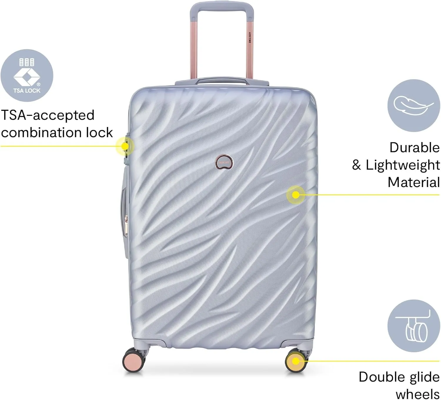 DELSEY PARIS Alexis Durable Luggage, Expandable Lightweight 4-Wheel Spinner, Easy Grip Handles for Smooth Mobility, TSA-Lock Incorporated, Men and Women, Platinum/Rose Gold, Check-In 29-Inch