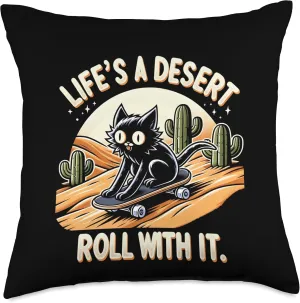 Desert Vibes & Feline Rides Creations Skateboarding Cat Life's a Desert, Roll with It Throw Pillow, 18x18, Multicolor