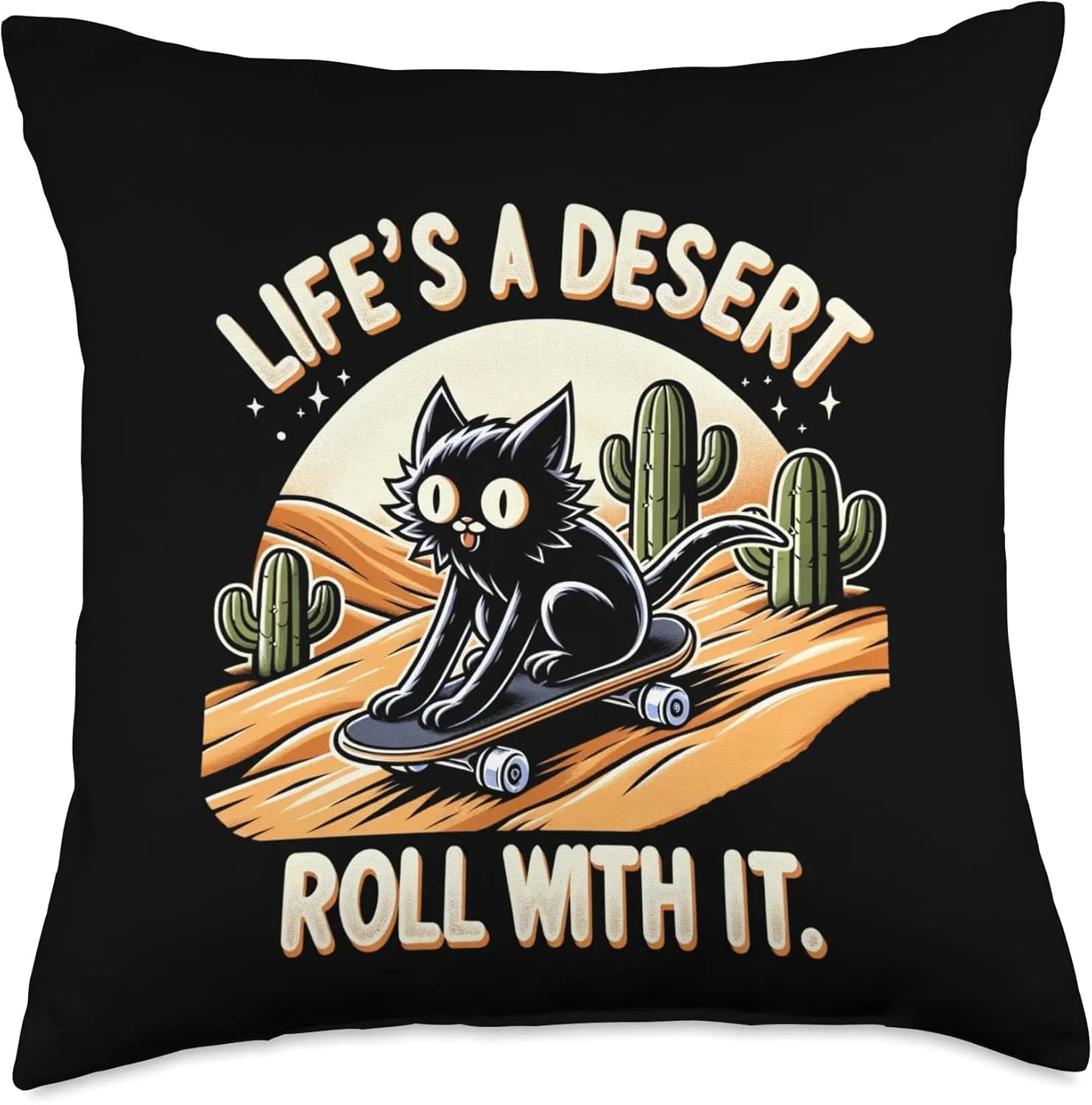 Desert Vibes & Feline Rides Creations Skateboarding Cat Life's a Desert, Roll with It Throw Pillow, 18x18, Multicolor