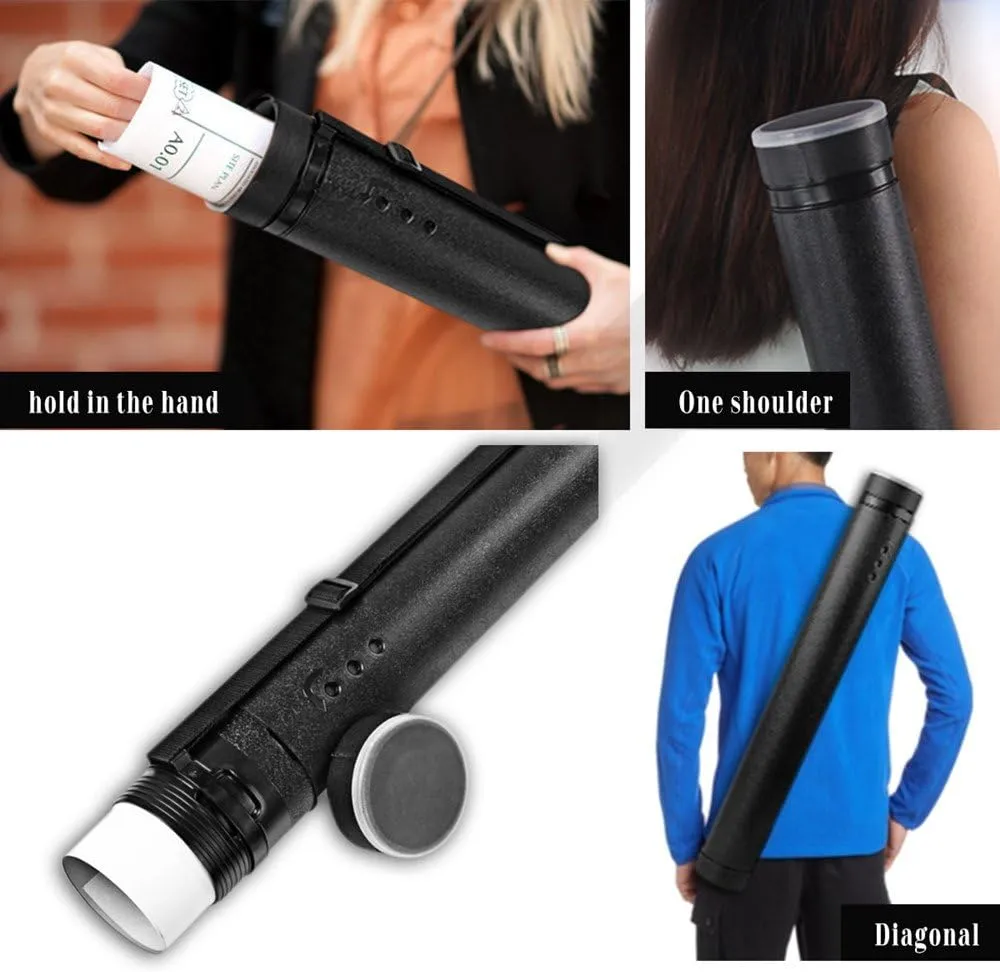 DEWEL Document Tube,Plastic Expanding Poster/Art/Document Storage Tube 24.5 to 40 inches Adjustable with Carrying Strap Waterproof and Light-Resistance Telescoping Carrying Case (Black-Large Size)