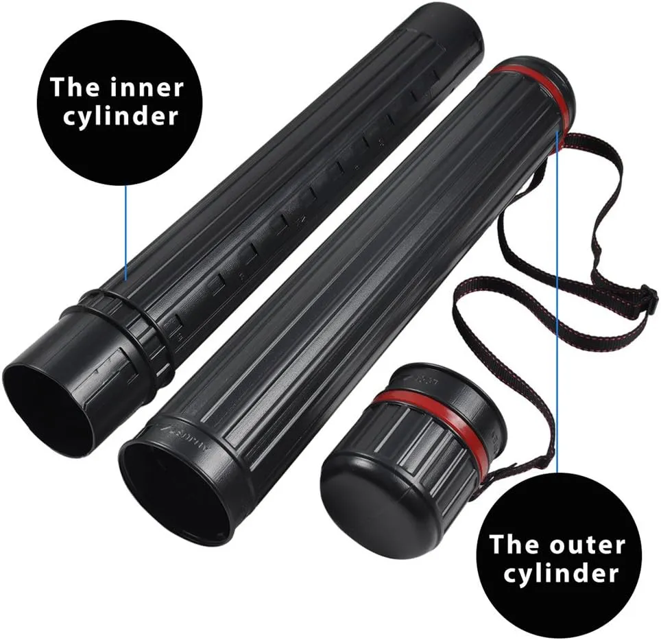 DEWEL Drawing Tube Blueprint Case Telescoping Art Tube Expands from 30”to 52”, Large Plastic Black Fishing Rods Storage Tube Waterproof and Light Resistant Poster Tube with Strap (XL Size)