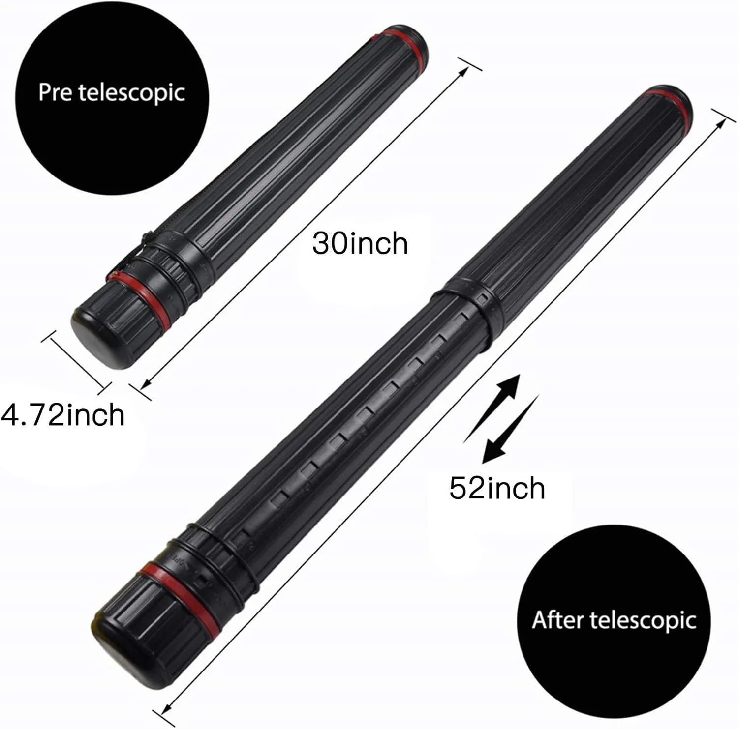 DEWEL Drawing Tube Blueprint Case Telescoping Art Tube Expands from 30”to 52”, Large Plastic Black Fishing Rods Storage Tube Waterproof and Light Resistant Poster Tube with Strap (XL Size)